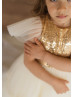Ruffle Sleeves Gold Sequin Champagne Tulle Unique Flower Girl Dress